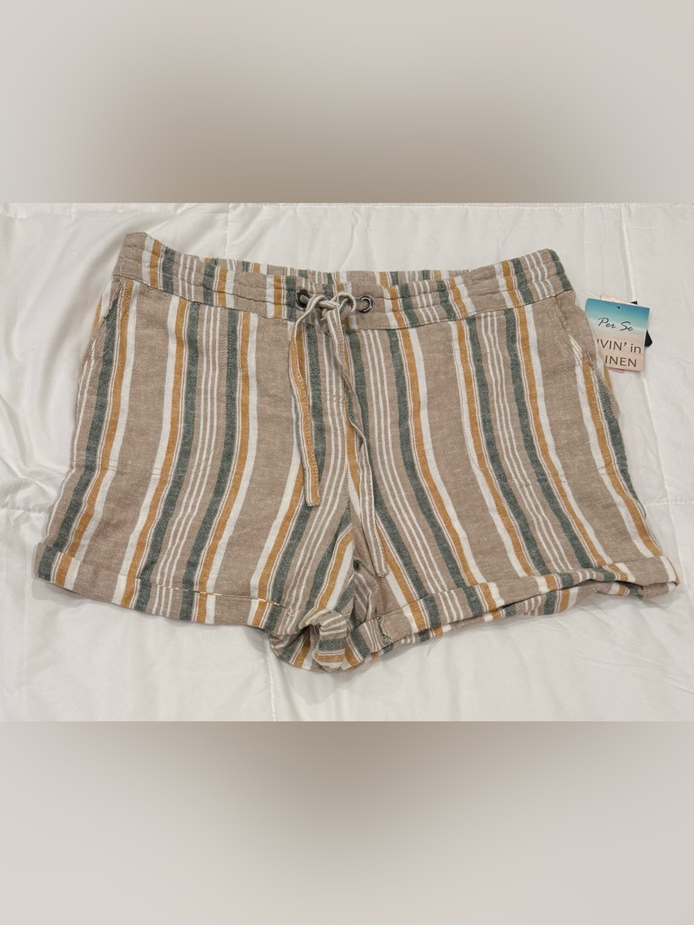 Per Se Linen Blend Pull On Striped Drawstring Shorts L NWT